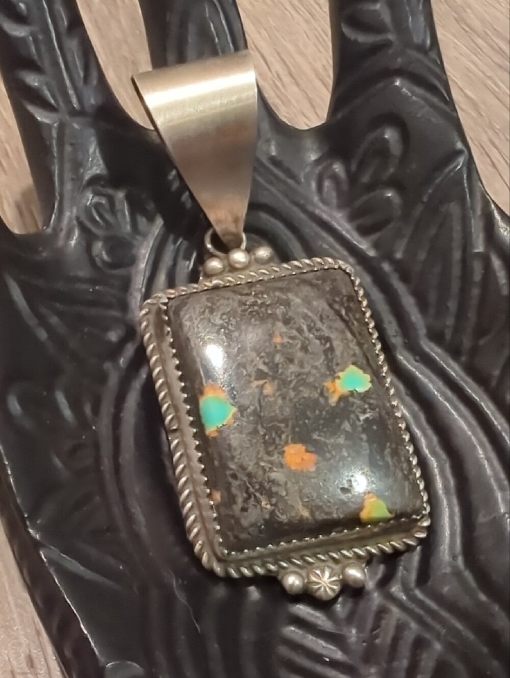 Navajo Blackjack Turquoise Sterling Silver Pendant - Picture 2 of 10